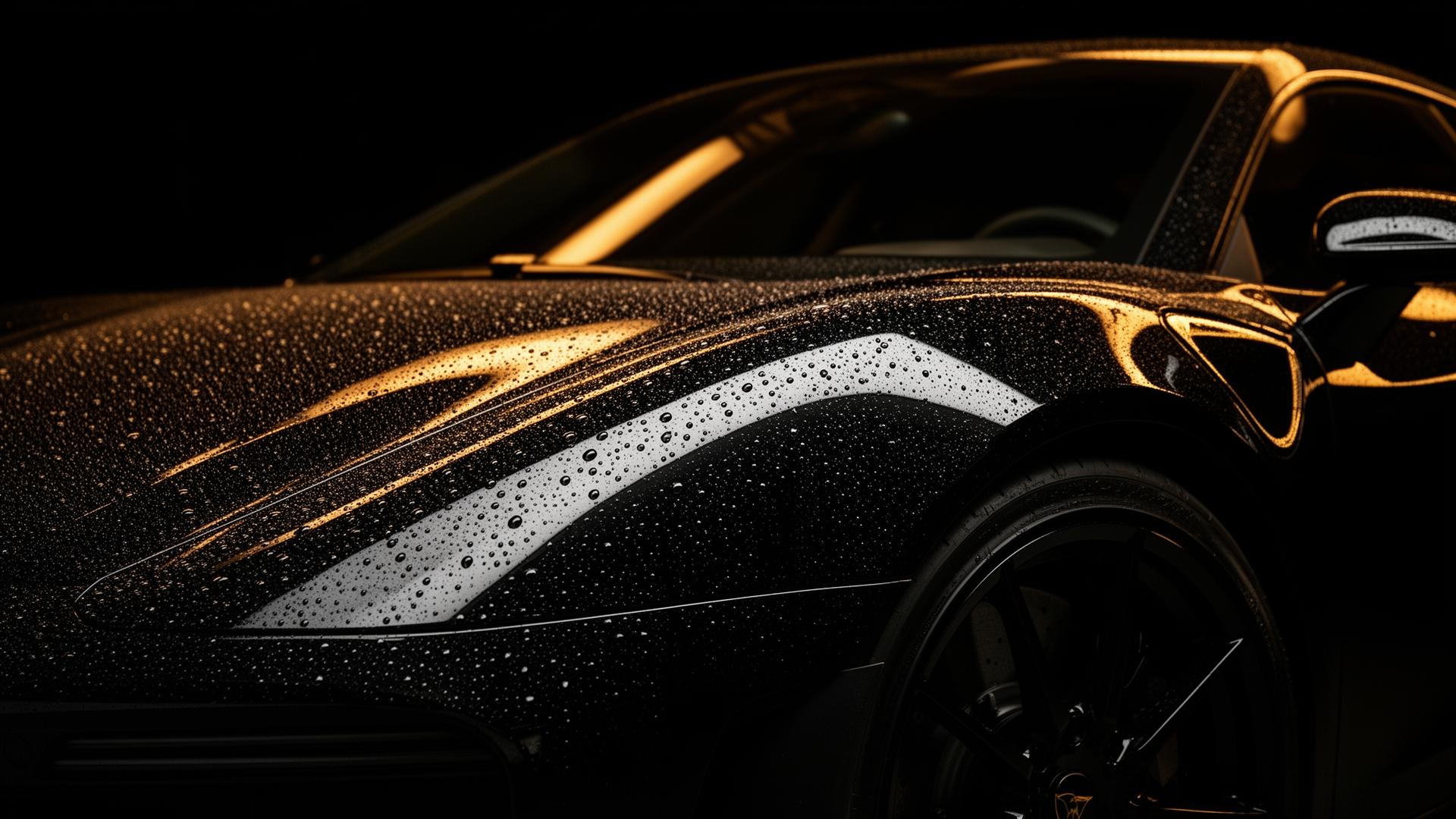 Glossy luxury vehicle with ceramic coating water beading